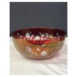 Ruby Red Glass Floral Serving Bowl