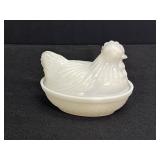 4.5" milk glass hen on nest covered dish