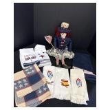 4th of July fabric doll & themed kitchen towels &