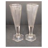 (2) Glass 6 sided Trumpet Bud Vases 9in tall