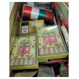 Christmas cards, gift bags, ribbon, name tags