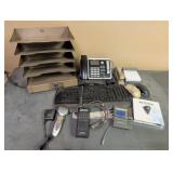 Office items, paper holder, phone, stapler,