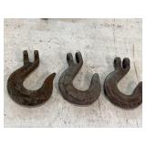 3 drop-forged steel clevis slip hooks, 2 marked