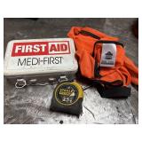 Metal First Aid Medi-First box, safety vest, &