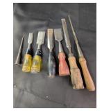 (6) Wood Chisels, one punch, Sears & Stanley