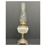 19.75' frosted glass ornate cast metal oil lamp