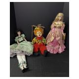 2 Franklin Heirloom dolls & hanging clown on a