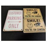 (3) Tin Signs, Customer Parking Only, Smile You're