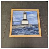Framed Stainglass Panel of Lighthouse & Water