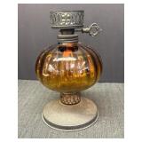 Amber glass oil lamp w/rounded, ribbed glass &