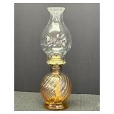 Amber glass swirl base oil lamp w/bulbous chimney