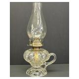 Pressed glass finger oil lamp w/Miller & Co brass