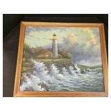 Framed Oil on Canvas of Lighthouse & Water