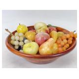 Wood Bowl w/ Carved Stone Fruit Centerpiece