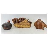 Figural Woven Wicker & Bamboo Lidded Baskets
