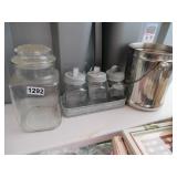 GLASS JARS W/LIDS,  ICE BUCKET
