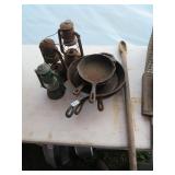 5 CAST IRON PANS, 3 LANTERNS