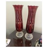 Pair of ruby red cut to clear crystal lamps