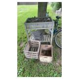 SMALL GARDEN STAND, STEPPING STONES, OLD CRATES