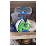 PLASTIC CUPS, PLATES, STORAGE, AND DISHES ETC
