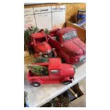 3 red holiday trucks, Christmas train