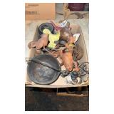 Cast iron, knickknacks birds, pots, bike,