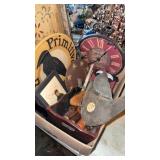 Box of ï¿½primitiveï¿½ and other wooden decor items