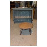 Wooden shelf with tin back and small wooden stool