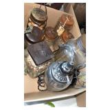 Box of glass storage jars, and hanging lights