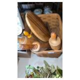 Basket, wooden  rolling pins,  cutting board etc