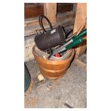 2 baskets, gardening tools