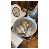 Box of mixed metal decor, items, wooden clock