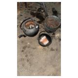 Two cast-iron pots, cast-iron tea kettle