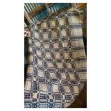 Blue and beige oval tablecloth