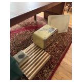 VINTAGE BREAD BOX, WOOD AND GLASS CUTTING BOARD