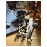 PAIR OF END IRONS AND BRASS BUCKET