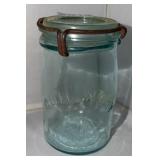 AQUA GLASS FRUIT CANNING JAR/LID WIRE CLAMP