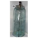 AQUA BLOWN GLASS JAR VERTICAL METAL YOKE CLAMP