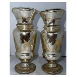 ANTIQUE SILVER MERCURY GLASS BALUSTER VASES 10"