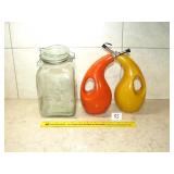 (2) Ceramic Olive Oil Bottles and a Glass