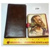 Vintage wallet w/ Jesus on it; also, a checkbook