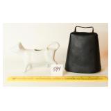 Vintage Metal Cow Bell & White Cow Creamer
