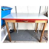 Vintage Wooden Table w/ enamelware top; measures