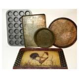 Vintage Bluebird Pie Tin, Some baking pans, glass