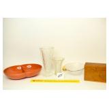 Couple of Glass Vases, Wooden Recipe Box, Melmac