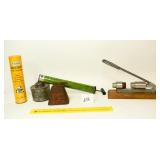 Vintage Bug Sprayer, Cow Bell, Nutcracker