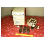 Group lot of antique door knob plates, lock set