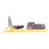Damascus blade pocket knife with sheath