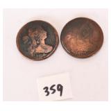 (2) large one cent coins. The dates appear to be