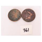 (2) large one cent coins. Possibly 1843 and 1832